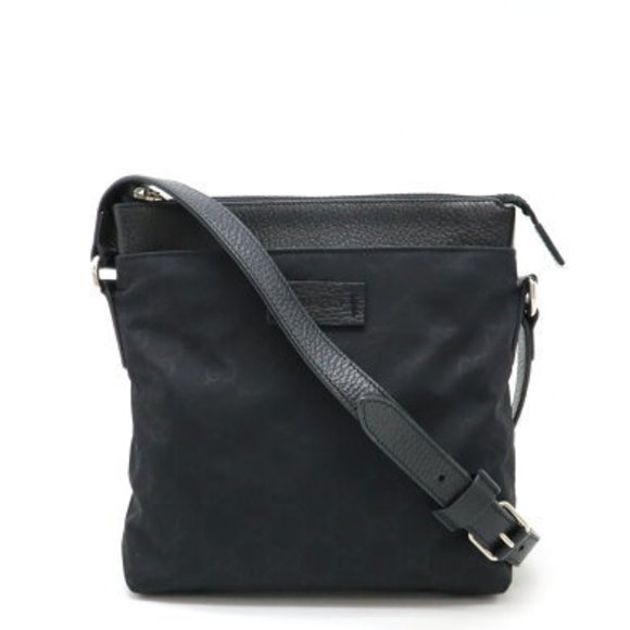 Gucci GG Nylon Shoulder Bag Pochette Crossbody Black Leather - Picture 1 of 8